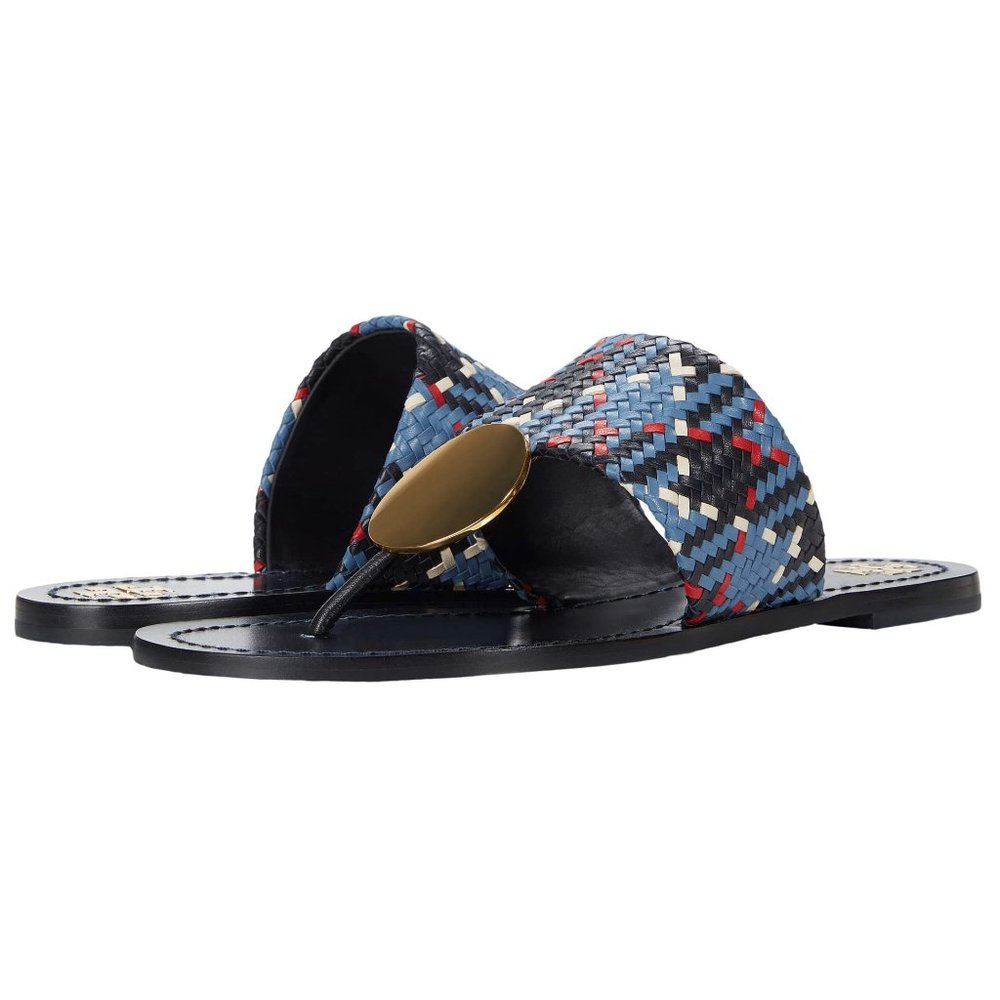 Tory Burch $268 Patos LEATHER Disk Sandal Blue Woven 10